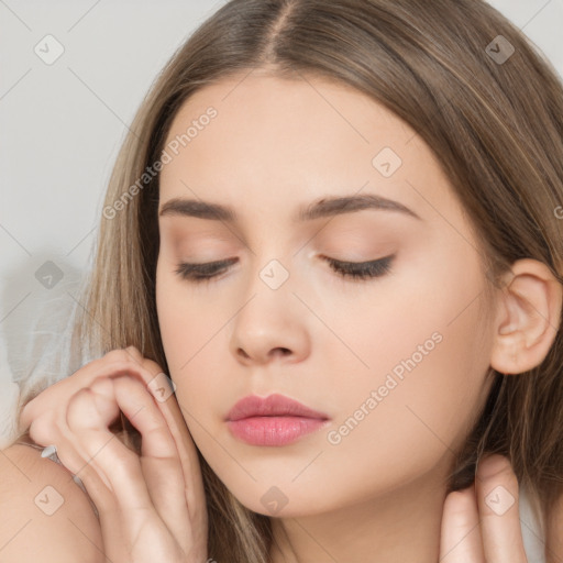 Neutral white young-adult female with long  brown hair and brown eyes