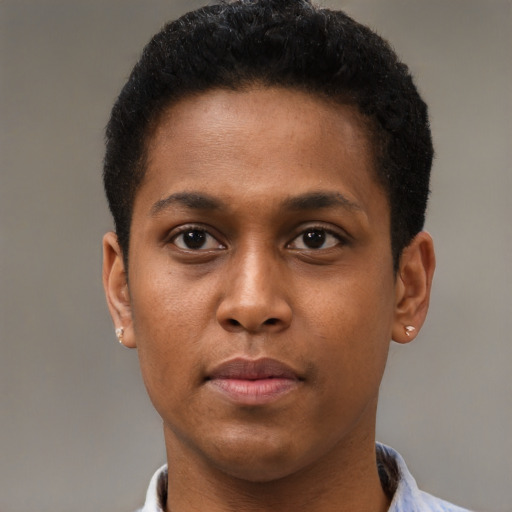 Neutral black young-adult male with short  brown hair and brown eyes