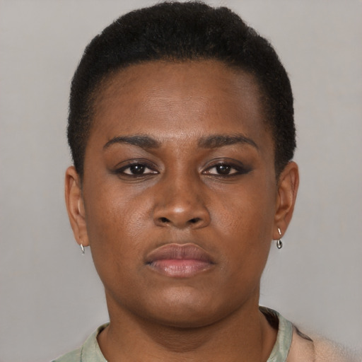 Neutral black young-adult female with short  brown hair and brown eyes