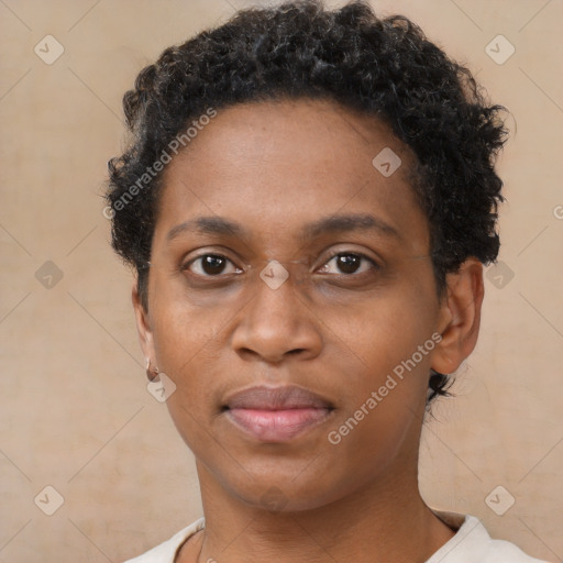 Neutral black young-adult female with short  brown hair and brown eyes