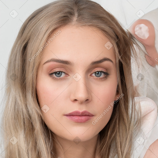 Neutral white young-adult female with long  brown hair and grey eyes