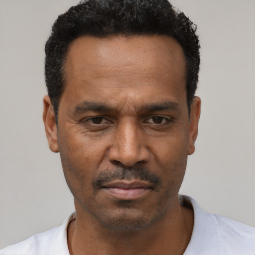 Neutral latino adult male with short  black hair and brown eyes