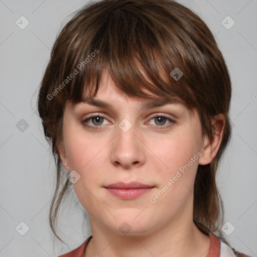 Neutral white young-adult female with medium  brown hair and grey eyes