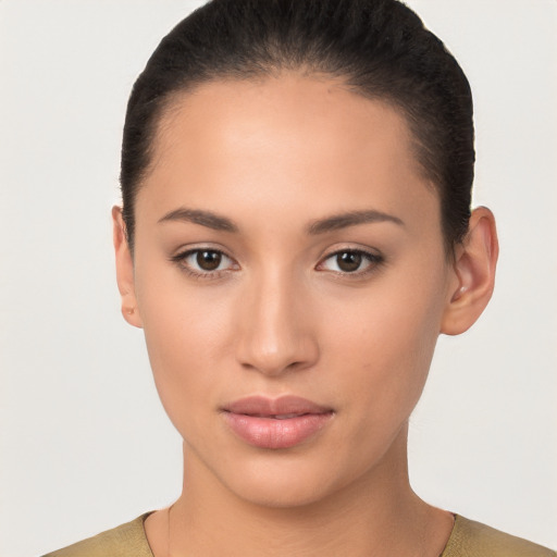 Neutral white young-adult female with short  brown hair and brown eyes