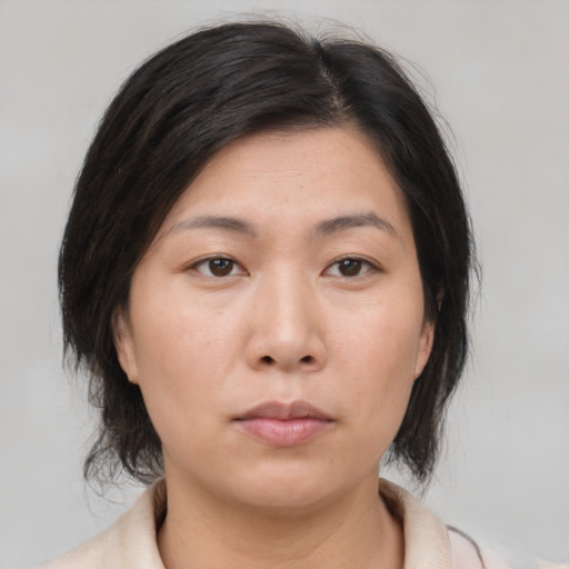 Neutral asian young-adult female with medium  brown hair and brown eyes