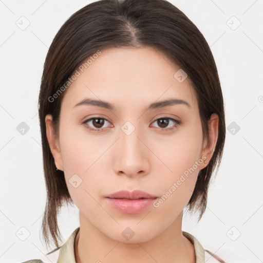 Neutral white young-adult female with medium  brown hair and brown eyes