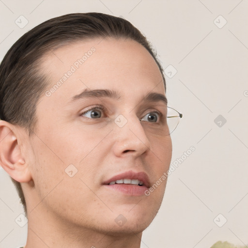 Neutral white young-adult male with short  brown hair and grey eyes