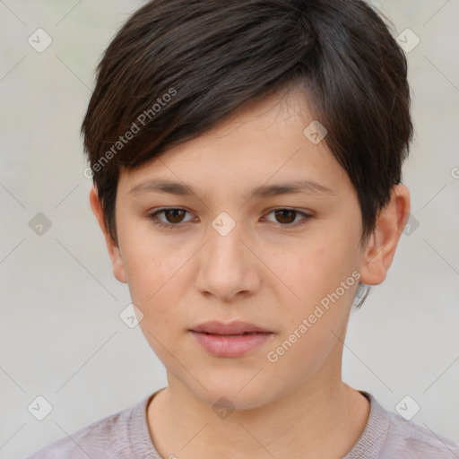 Neutral white young-adult female with short  brown hair and brown eyes