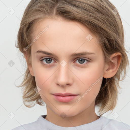 Neutral white young-adult female with medium  brown hair and grey eyes