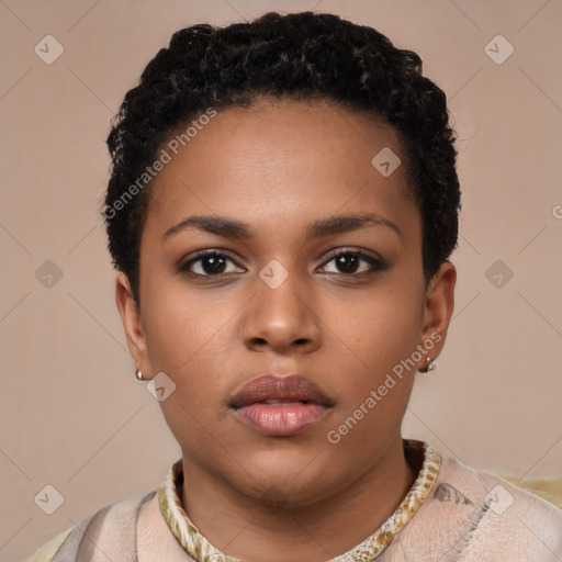 Neutral black young-adult female with short  black hair and brown eyes