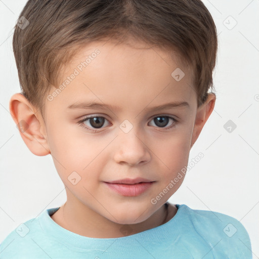 Joyful white child female with short  brown hair and brown eyes