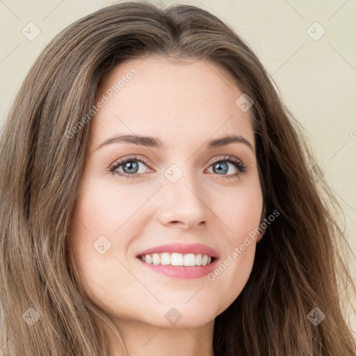 Joyful white young-adult female with long  brown hair and green eyes