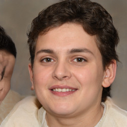 Joyful white young-adult male with medium  brown hair and brown eyes