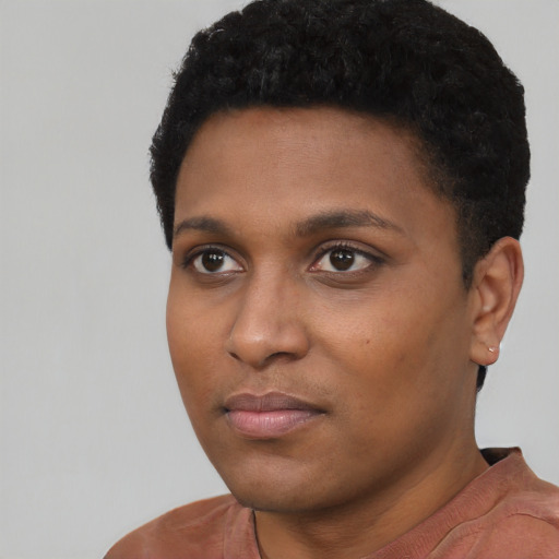 Neutral black young-adult male with short  black hair and brown eyes