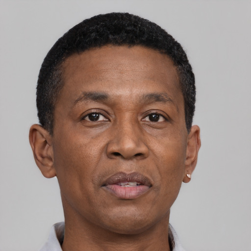 Neutral black adult male with short  black hair and brown eyes