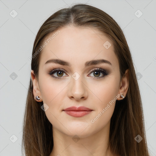 Neutral white young-adult female with long  brown hair and brown eyes