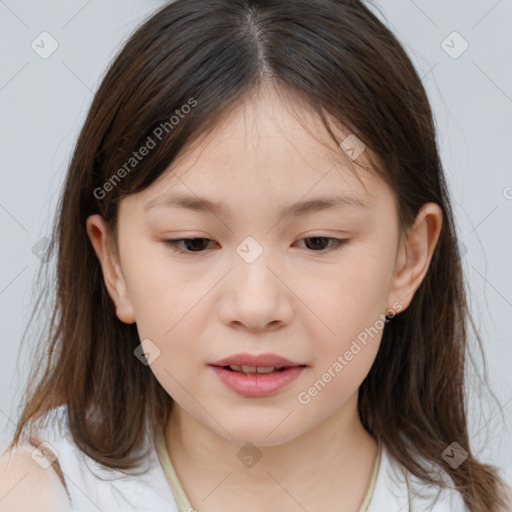 Joyful white child female with medium  brown hair and brown eyes