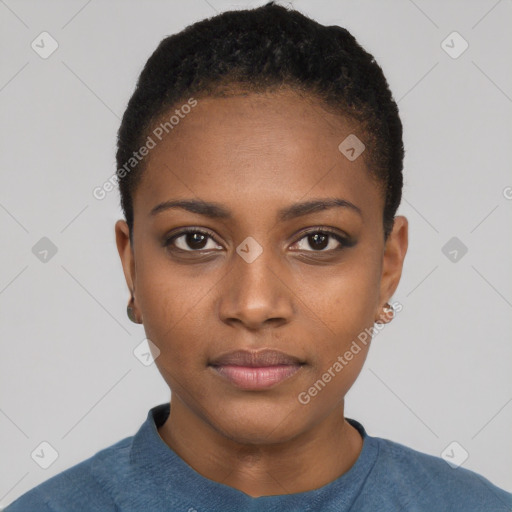 Neutral black young-adult female with short  black hair and brown eyes