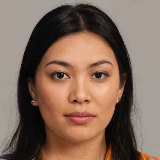 Neutral asian young-adult female with medium  black hair and brown eyes
