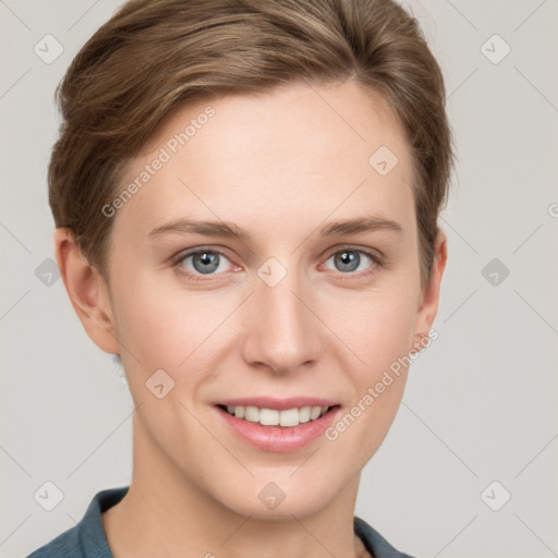 Joyful white young-adult female with short  brown hair and grey eyes