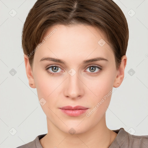 Neutral white young-adult female with short  brown hair and brown eyes