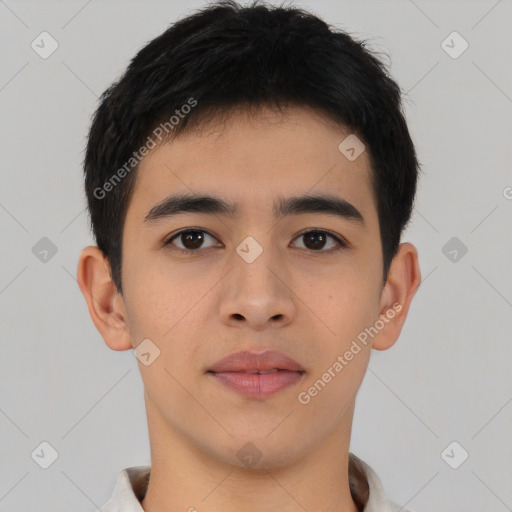 Neutral asian young-adult male with short  black hair and brown eyes