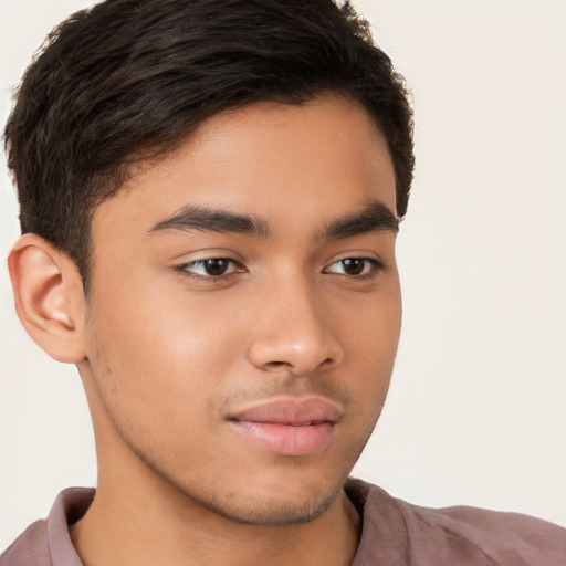 Neutral latino young-adult male with short  brown hair and brown eyes