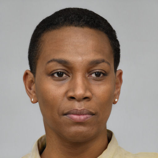 Neutral black young-adult female with short  black hair and brown eyes
