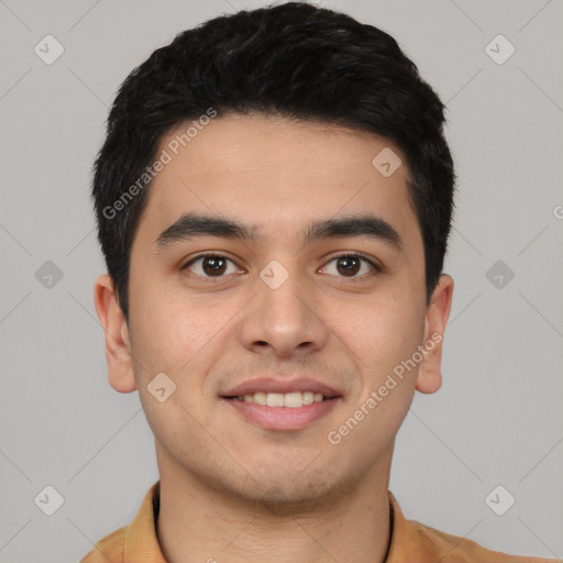 Joyful asian young-adult male with short  black hair and brown eyes