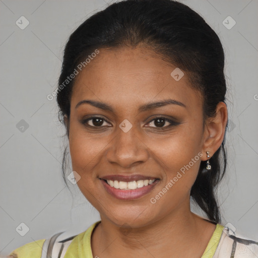 Joyful latino young-adult female with short  brown hair and brown eyes