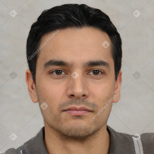 Neutral asian young-adult male with short  black hair and brown eyes