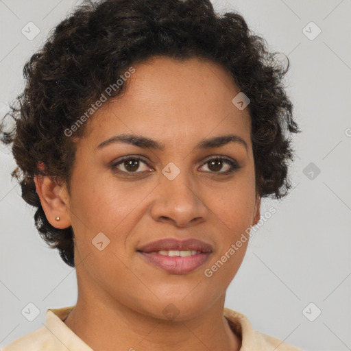 Joyful latino young-adult female with short  brown hair and brown eyes