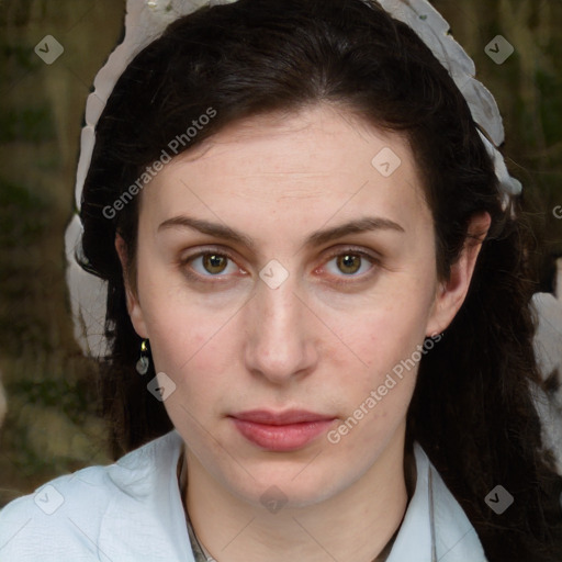 Neutral white young-adult female with short  brown hair and brown eyes