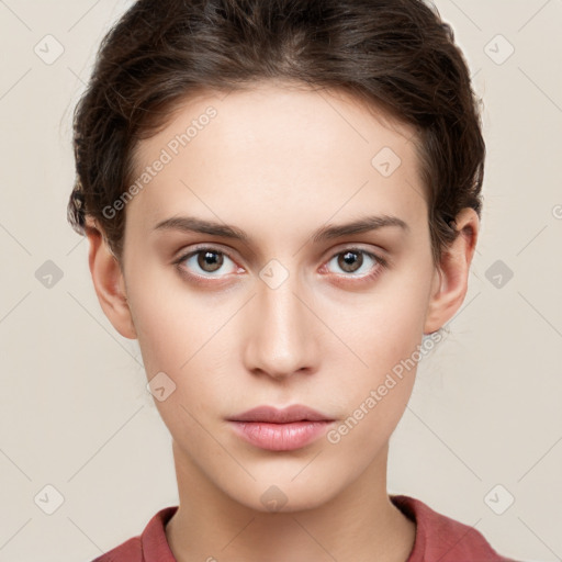 Neutral white young-adult female with short  brown hair and brown eyes