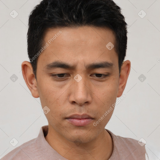 Neutral asian young-adult male with short  black hair and brown eyes