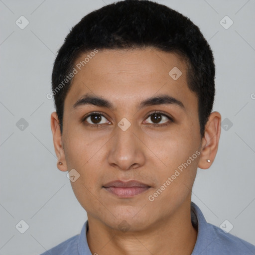 Neutral latino young-adult male with short  black hair and brown eyes