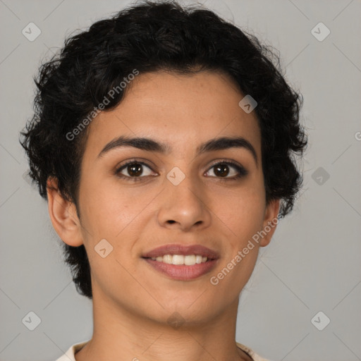 Joyful latino young-adult female with short  brown hair and brown eyes