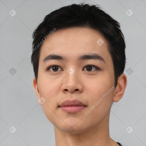 Neutral asian young-adult male with short  black hair and brown eyes