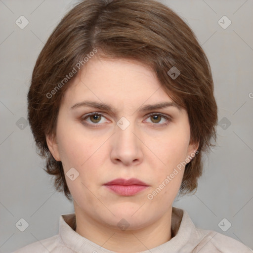 Neutral white young-adult female with medium  brown hair and brown eyes