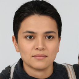 Neutral white young-adult female with short  brown hair and brown eyes