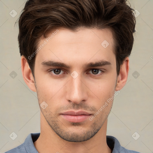 Neutral white young-adult male with short  brown hair and brown eyes