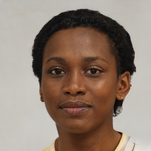 Neutral black young-adult female with short  black hair and brown eyes