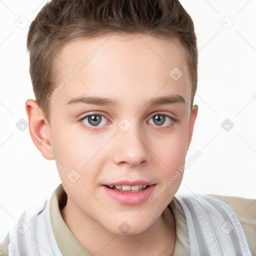 Joyful white child female with short  brown hair and brown eyes