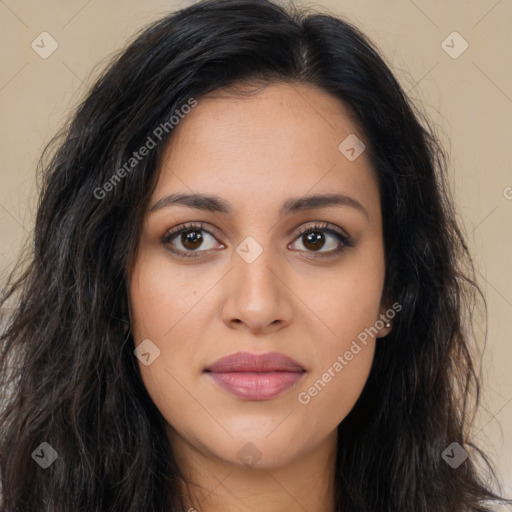 Joyful latino young-adult female with long  brown hair and brown eyes