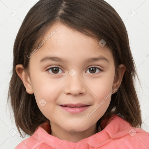 Joyful white child female with medium  brown hair and brown eyes