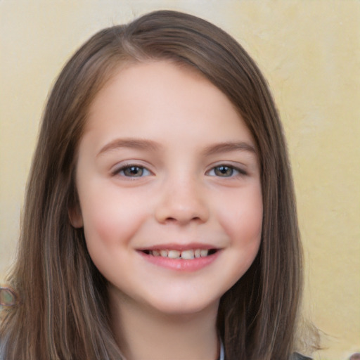 Joyful white child female with long  brown hair and brown eyes