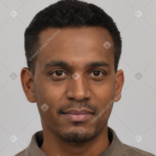 Neutral black young-adult male with short  black hair and brown eyes