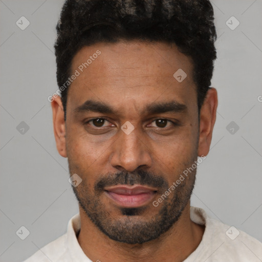 Neutral latino young-adult male with short  black hair and brown eyes