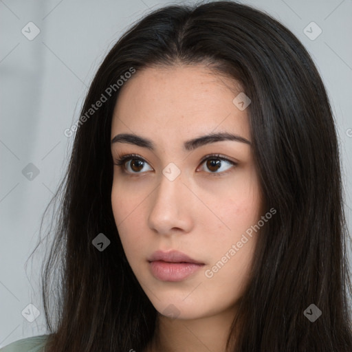 Neutral white young-adult female with long  brown hair and brown eyes