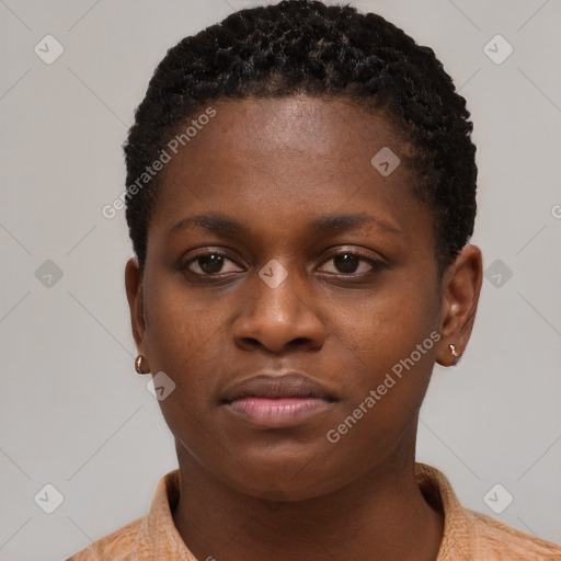 Neutral black young-adult female with short  brown hair and brown eyes